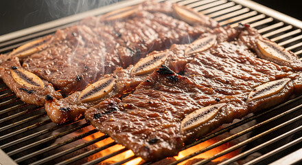 Sizzling Korean BBQ Ribs with Smoke and Flames on a Hot Grill