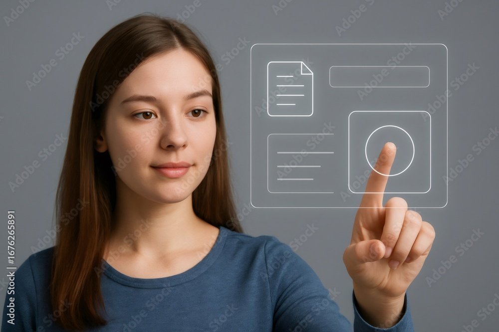 Poster young woman touching interactive touch screen interface with document and circle icons on gray backg