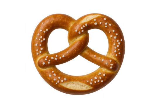 Freshly baked pretzel with salt crystals on transparent background