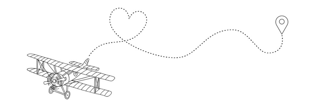 Vintage Airplane Drawing with Heart Path Leading to Destination Pin Icon