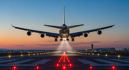 Naklejka premium Airplane landing on runway at sunset with lights