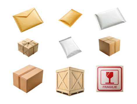 From tiny envelopes to heavy wooden crates this collection of packaging forms shows the unseen infrastructure of global delivery networks where every parcel carries both distance and promise