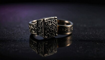 Ornate ring on dark surface