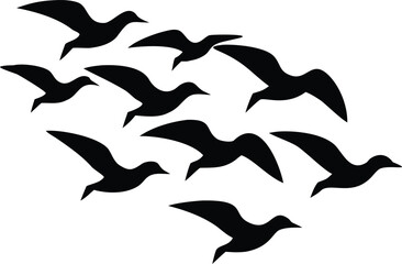 Flat Isometric Vector of Flying Bird Silhouettes – Minimalist Black and White Flock in Migration Pattern Illustration