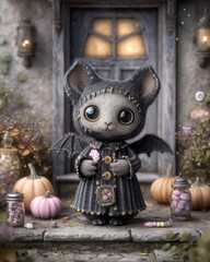 Playful Halloween bat-cat character with button eyes, holding candy, surrounded by pumpkins, potion jars, and whimsical Halloween decorations.