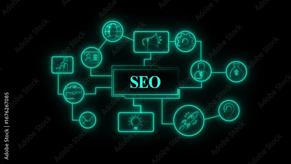 Poster glowing neon seo product lifecycle management system technology concept. technology, internet and ne