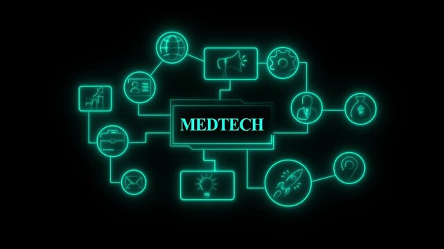 Glowing neon MEDTECH Product lifecycle management system technology concept. Technology, Internet and network concept MEDTECH Product lifecycle management system.