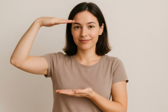 Studio shot of a young woman gesturing with her hands as if showing or holding an invisible object