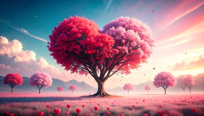 Heart-shaped trees in a romantic landscape