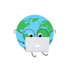 Funny comic globe cartoon character using laptop