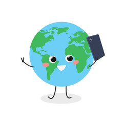 Cheerful cartoon planet Earth character taking selfie