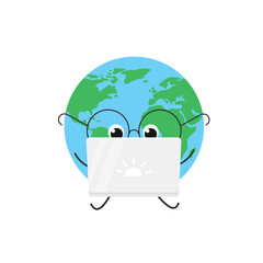Funny smart cartoon globe character works on laptop