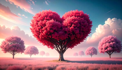 Heart-shaped tree in a pink landscape