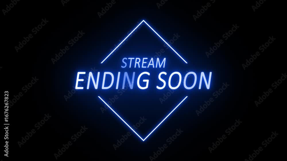 Poster neon stream ending soon text in blue colour on transparent background with alpha channel