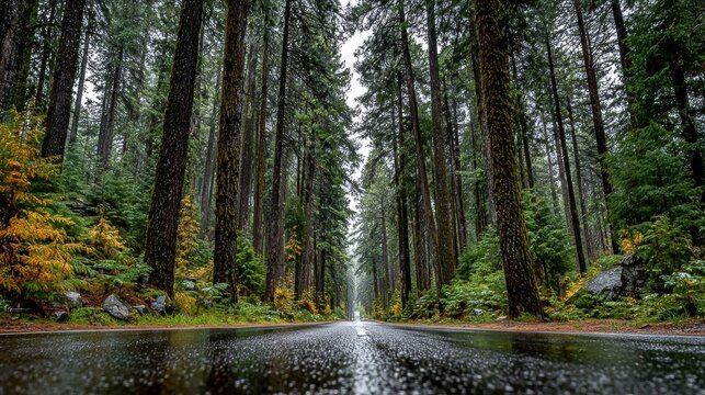 Road through a lush forest after the rain tall trees line the asphalt creating a peaceful and scenic landscape