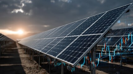 Solar farm generates clean energy while financial charts show stock market volatility and industry downturn