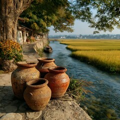 Fototapeta premium Colorful clay pots beside running water high resolution picture