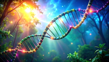 Vibrant DNA helix in a mystical forest