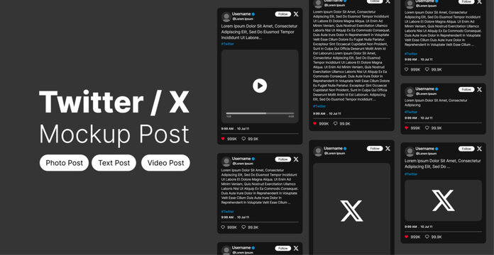 Twitter X post mockup template with Twitter X feed frame for text post, Twitter X photo and text post, Twitter X video and text post on social media and social network
