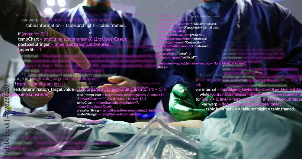 Poster surgical team hovering hands over drape and activating holographic code overlay guiding procedure