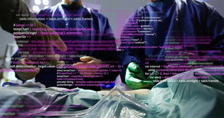 Surgical team hovering hands over drape and activating holographic code overlay guiding procedure - Powered by Adobe