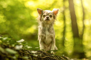 Obraz premium Fawn merle longhaired Chihuahua sitting in green forest with natural bokeh background