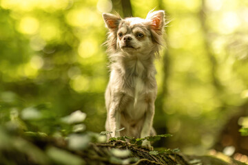 Fawn merle longhaired Chihuahua sitting in green forest with natural bokeh background