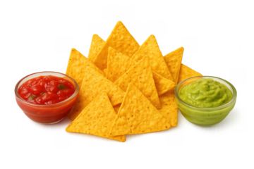 Nachos with guacamole and tomato salsa on transparent background