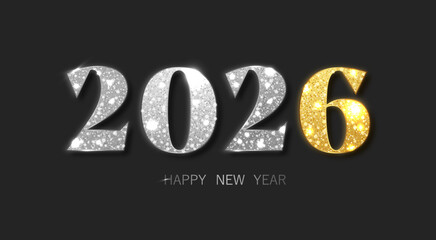 2026 New Year design with gold and silver glitter numbers. Sparkling celebration vector background