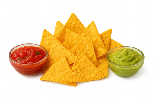 Nachos with guacamole and tomato salsa on transparent background
