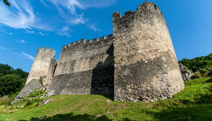 Ancient stone castle walls under a bright sky