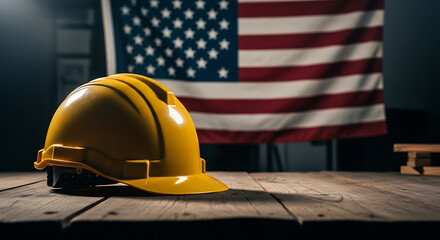 Patriotic Construction: Yellow Hard Hat on Rustic Wood with American Flag Background