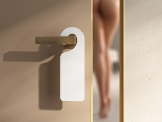 Luxury hotel door with empty label "do not disturb". Silhouette of a naked woman on a blur background. 3d illustration.
 