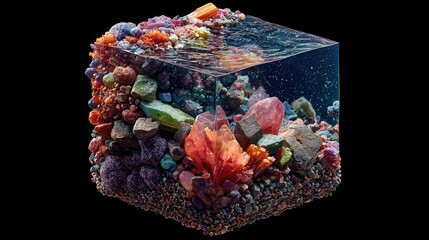 Crystal cube with water surface showcases colorful minerals, gemstones, pebbles, rocks, geological formations, and aquatic environment, isolated on black background