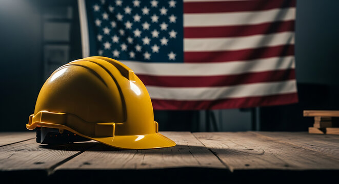 Patriotic Construction: Yellow Hard Hat on Rustic Wood with American Flag Background