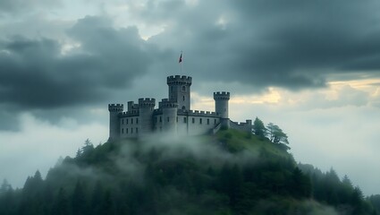 Fototapeta premium A majestic stone castle perched atop a misty hill, surrounded by dark clouds and trees