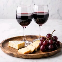 Title:
Two glasses of red wine with assorted cheese, red grapes, and wooden tray