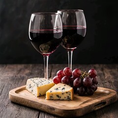 Title:
Two glasses of red wine with blue cheese and grapes on wooden tray against black background