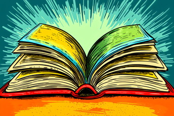 Brightly colored open book radiates warmth and knowledge in a creative, vibrant style, celebrating the joy of reading and learning daily