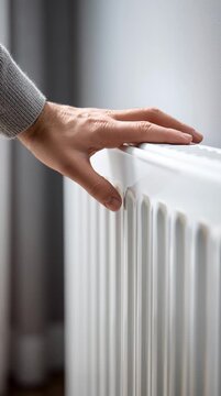 Close-Up of Hand Touching Radiator &ndash; Heating Concept