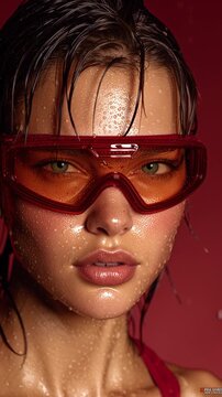 Close-Up Portrait of Woman with Wet Hair Wearing Red Fashion Goggles