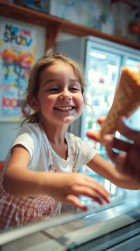 Joyful Girl Receiving Ice Cream Cone at Shop &ndash; Happy Childhood Moment