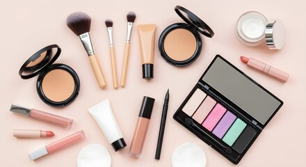 Flat lay of various makeup products on a light pink background.