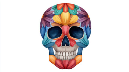 Fototapeta premium A vibrant, decorated skull adorned with colorful flowers, symbolizing the fusion of life and death, often associated with cultural celebrations.