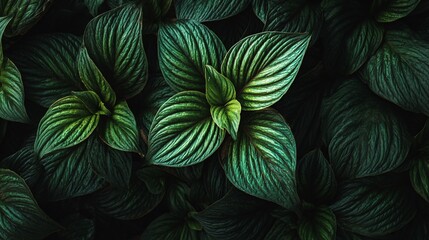 Fototapeta premium Green Variegated Leaf Plant Close Up in Dark Background for Nature and Indoor Decor