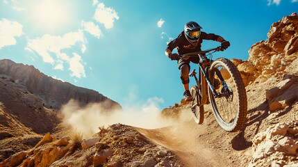 Thrilling mountain biking adventure mid air on rugged trail