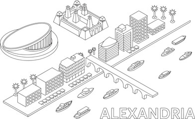 Isometric Alexandria Cityscape Outline Vector Illustration with Buildings and Boats Design
