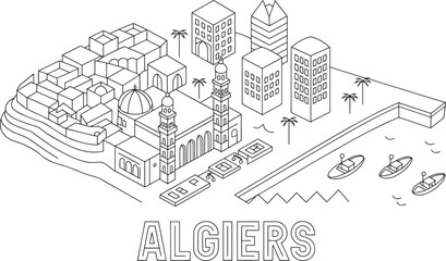 Fototapeta premium Isometric Algiers Cityscape Outline Vector Illustration with Buildings, Mosque, and Harbor