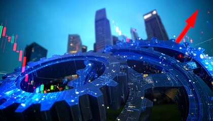 Gears and financial data on a cityscape background