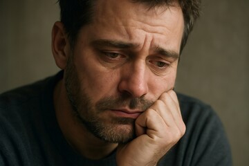 Obraz premium Portrait of a sad mature man, resting his chin on his hand, lost in deep, regretful reflection and contemplating life's challenges